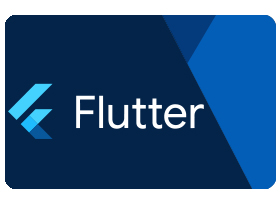 Logo von Flutter auf blauem geometrischem Hintergrund