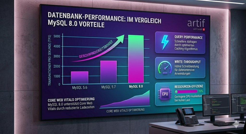Vergleichschart der Datenbank-Performance: MySQL 8.0 bietet signifikant höhere Transaktionen pro Sekunde (TPS) im Vergleich zu MySQL 5.6 und 5.7. Fokus auf Core Web Vitals Optimierung und Write-Throughput für TYPO3-Projekte – artif GmbH.