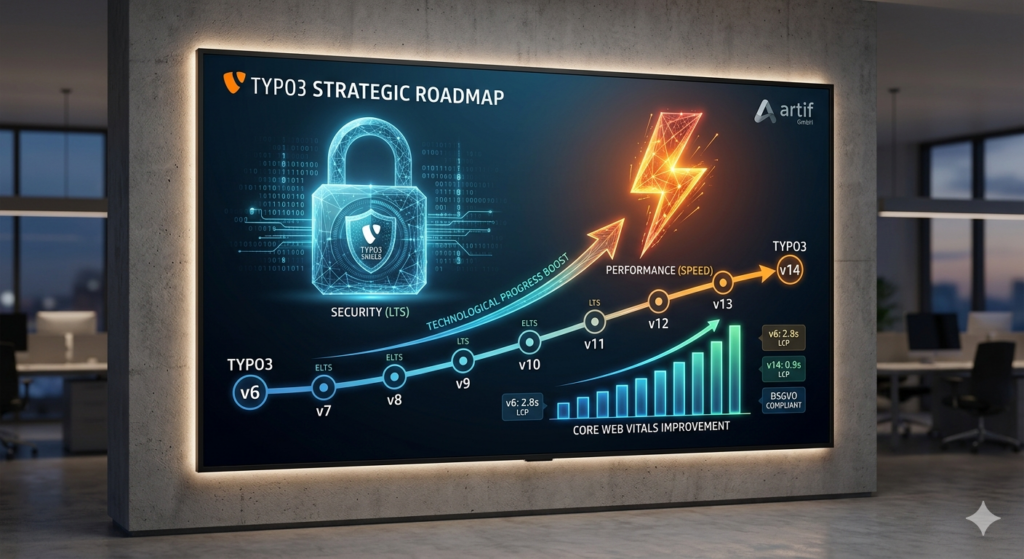 Strategische TYPO3 Roadmap Infografik der artif GmbH: Visualisierung des technologischen Fortschritts von Version 6 bis v14. Fokus auf digitales Sicherheitsschloss (DSGVO-Konformität) und Performance-Blitz (Core Web Vitals Optimierung).