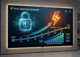 Strategische TYPO3 Roadmap Infografik der artif GmbH: Visualisierung des technologischen Fortschritts von Version 6 bis v14. Fokus auf digitales Sicherheitsschloss (DSGVO-Konformität) und Performance-Blitz (Core Web Vitals Optimierung).