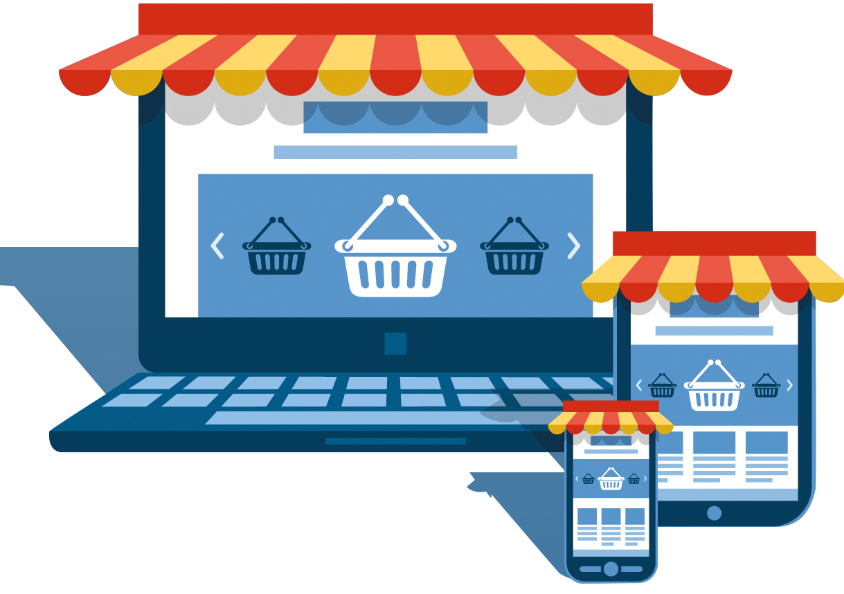 Grafik E-Commerce mit Laptop, Tablet und Smartphone