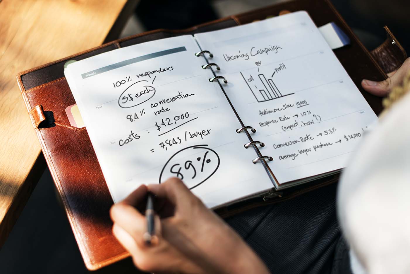 Frau mit Papier-Organizer auf dem Schoß